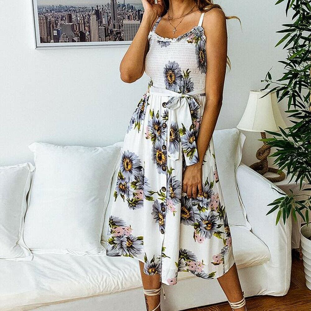 flowersverse Women Boho Floral Print Dress Summer Party Beach Sling Sundress