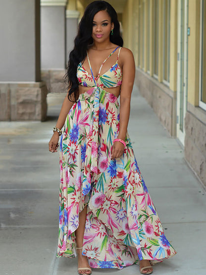 flowersverse Floral Print Halter Asymmetrical Boho Midi Dress