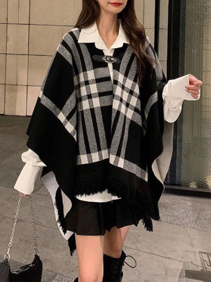 flowersverse Contrast Color Plaid Split-Joint Long Sleeves Loose V-Neck Cape