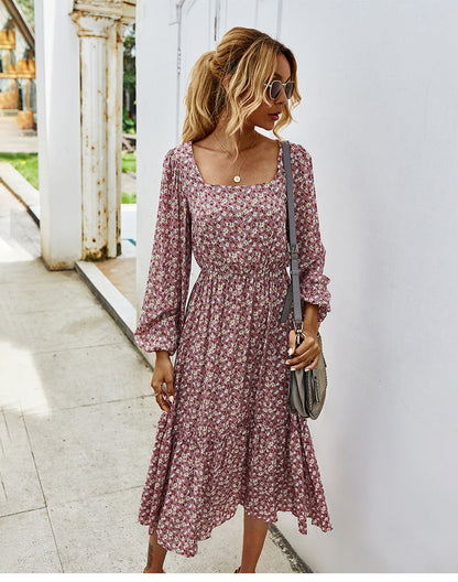 flowersverse Retro Ladies Square Collar Floral Long Dress Autumn Winter Women High Waist Full Sleeve Elegant Chic Dress