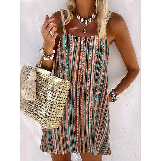 flowersverse Women's Casual Dress Shift Dress Tank Dress Stripe Pocket Print Square Neck Mini Dress Fashion Streetwear Outdoor Daily Sleeveless Loose Fit Blue Purple Brown Spring Summer S M L XL XXL