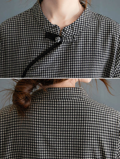 flowersverse Artistic Retro Plaid Stand Collar Long Cheongsams Dress