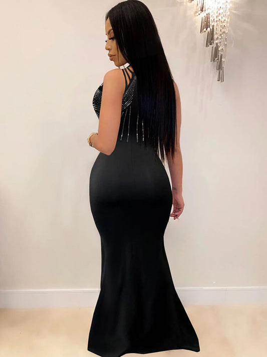 flowersverse Rhinestone Sleeveless Bodycon Maxi Dress
