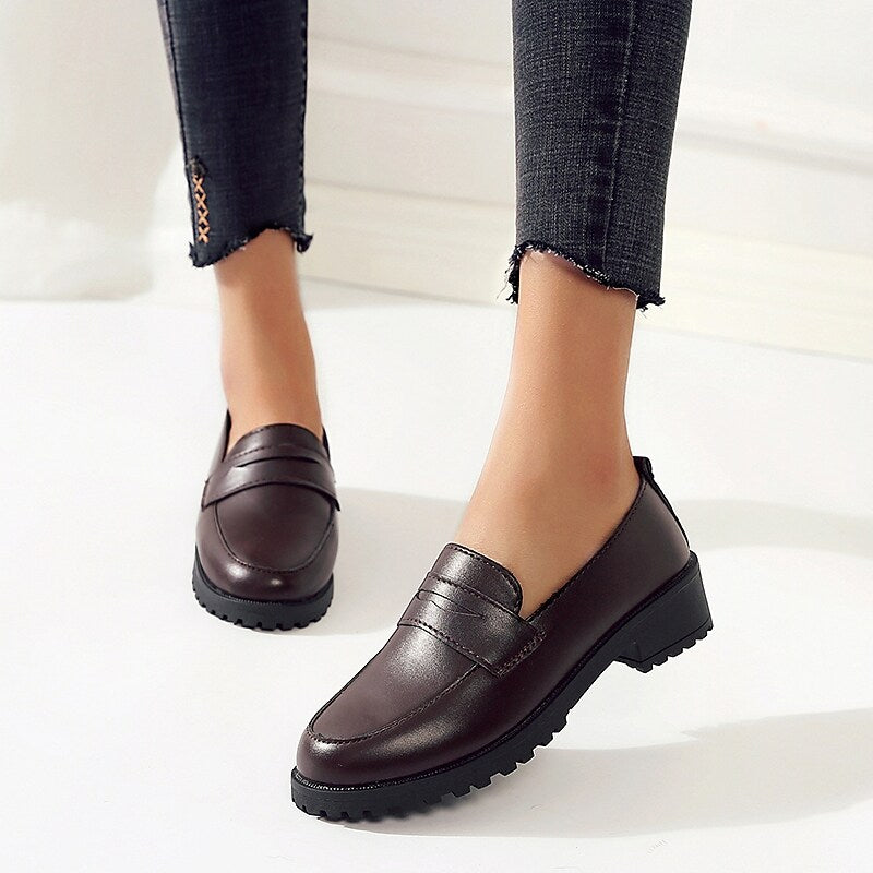 flowersverse Women's Flats Comfort Shoes Daily Block Heel Round Toe Minimalism PU Leather Loafer Black Brown