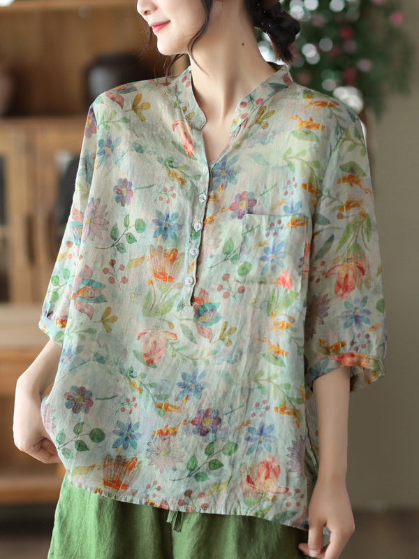 flowersverse Vintage Loose Buttoned Floral Printed Stand Collar Blouses&Shirts Tops