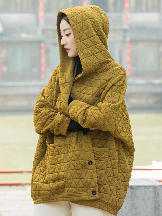 flowersverse Casual Long Sleeves Loose Buttoned Keep Warm Solid Color Hooded Padded Coat