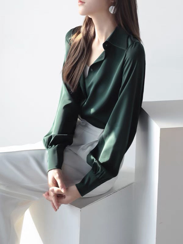 flowersverse Casual Long Sleeves Loose Solid Color Lapel Collar Blouses&Shirts Tops