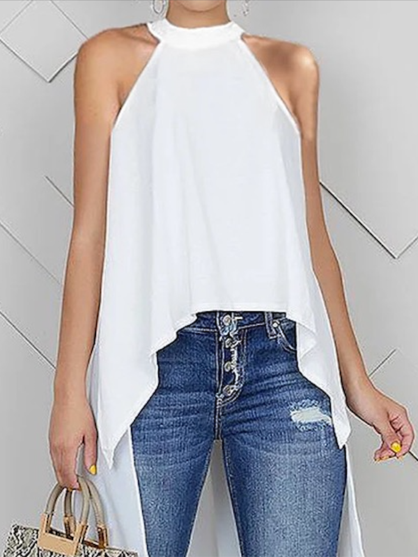 flowersverse High-Low Loose Solid Color Stand Collar Vest Top