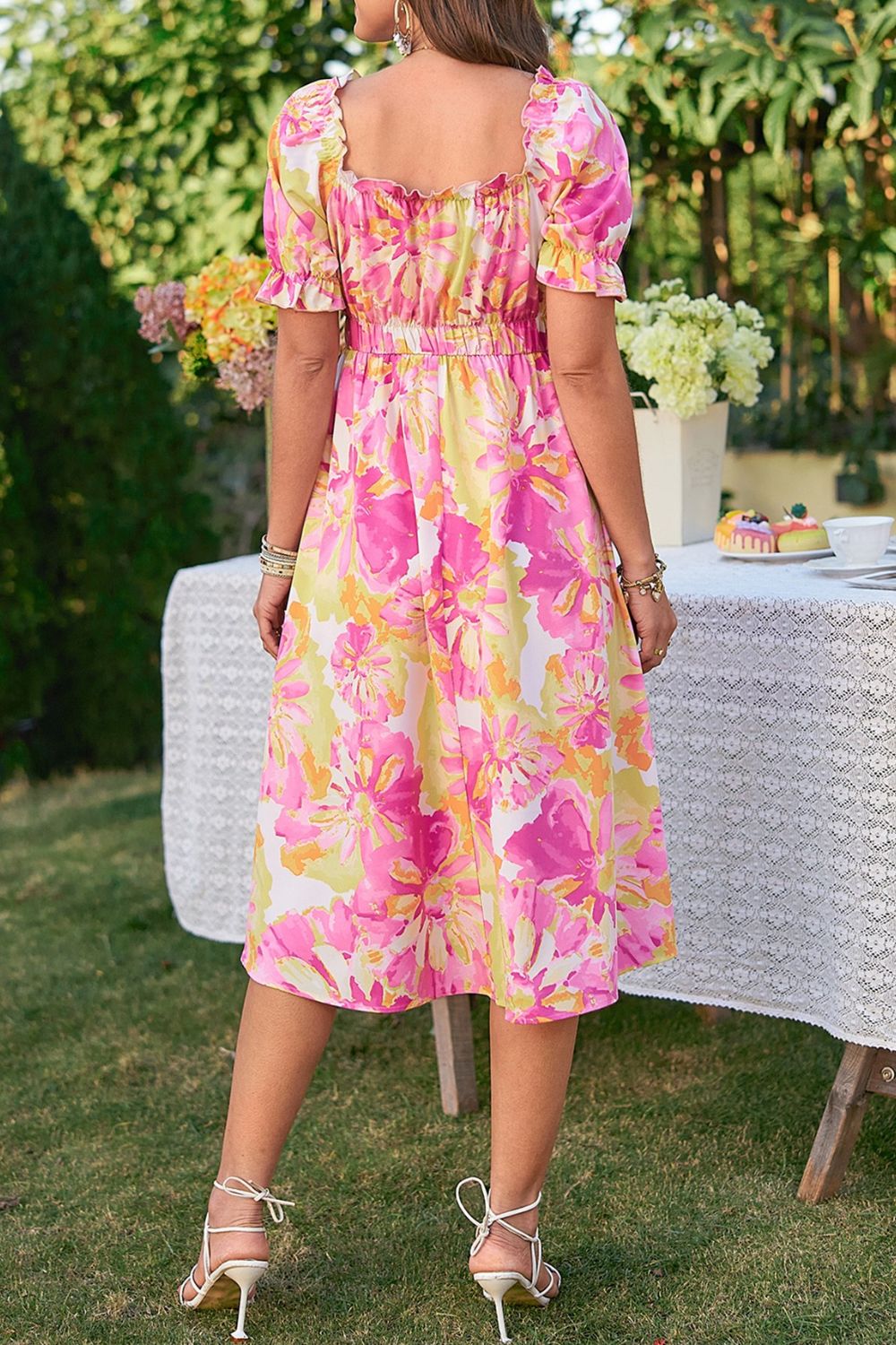 flowersverse Vibrant Floral Frill Trim Square Neck Midi Dress