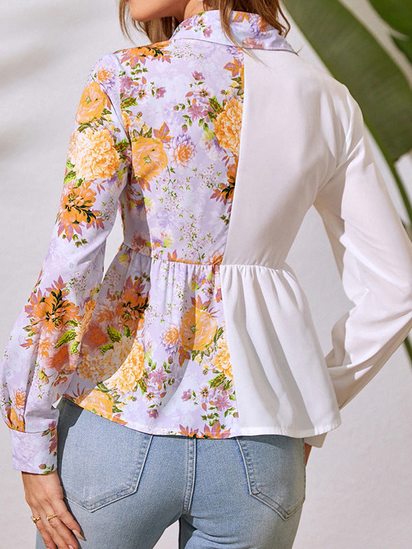 flowersverse Asymmetric Flower Print Split-Joint Wrap Shirts Tops Blouses&shirts Tops