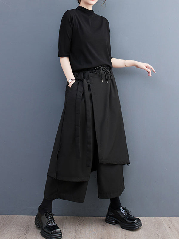 flowersverse Wide Leg Loose Drawstring Solid Color Casual Pants Bottoms Culotte