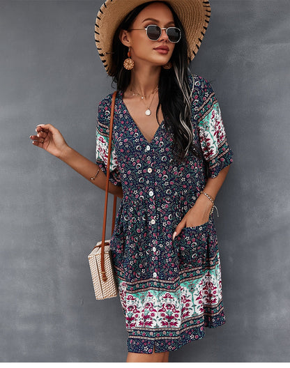 flowersverse Floral Print Summer Short Dress Women Casual V Neck Bohemian Short Sleeve Dress For Woman Fashion Sexy Spring Dress