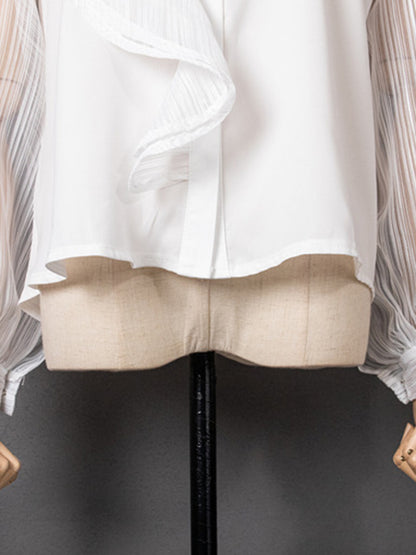 flowersverse Asymmetric Buttoned See-Through Solid Color Split-Joint Long Sleeves Loose Stand Collar Blouses&shirts Tops