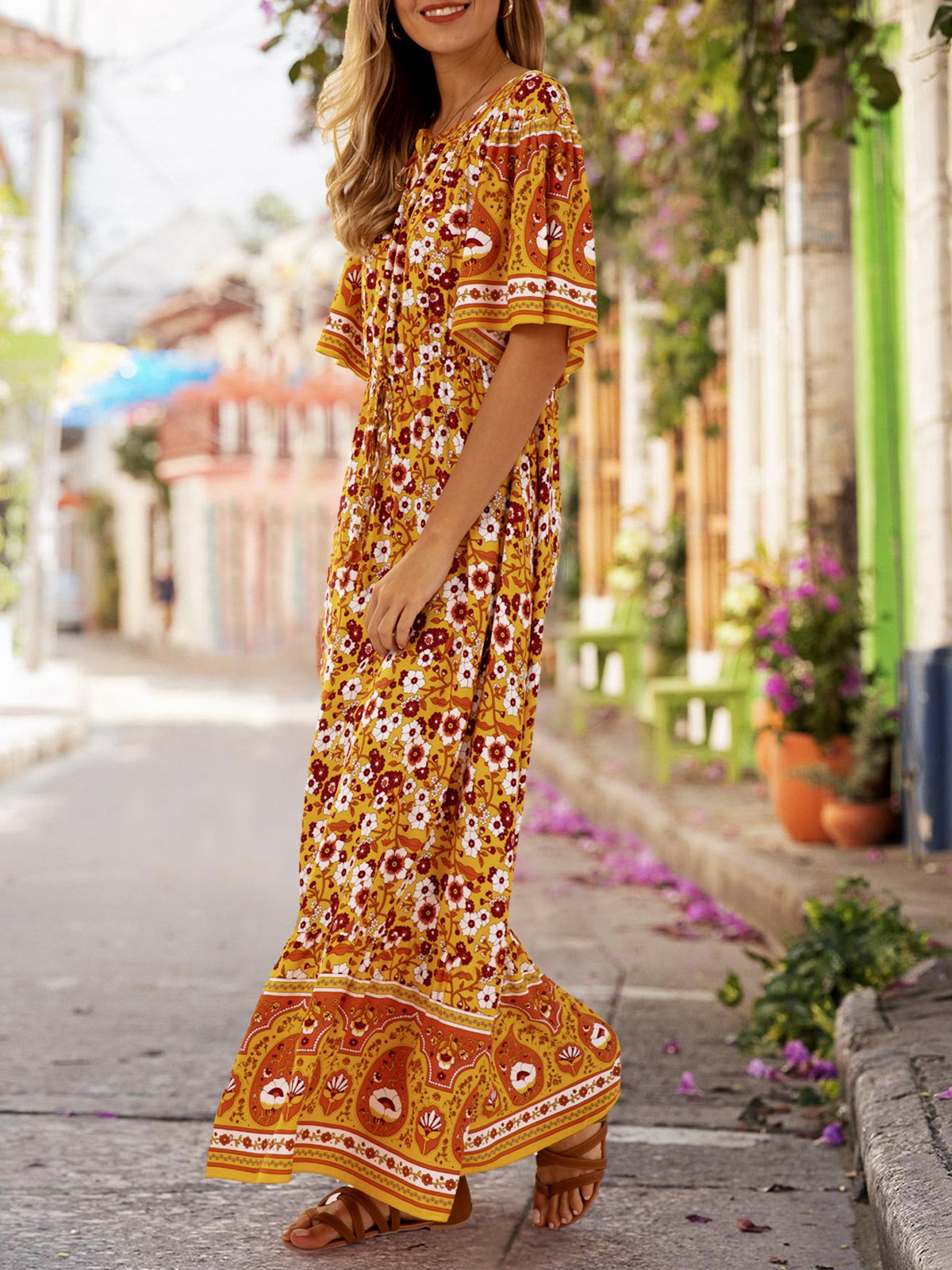 flowersverse Printed Ethnic A-Line Beach Maxi Dress