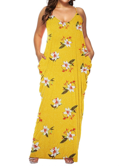 flowersverse Women's Plus Size Casual Dress Shift Dress Slip Dress Leopard Floral Long Dress Maxi Dress Sleeveless Pocket Print Strap Fashion Daily Light Yellow Black Spring Summer XL XXL 3XL