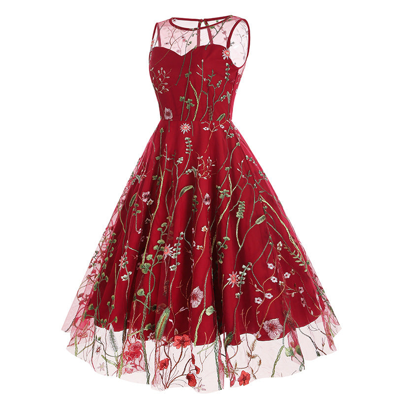 flowersverse Women Round Neck Sleeveless Embroidered Dress