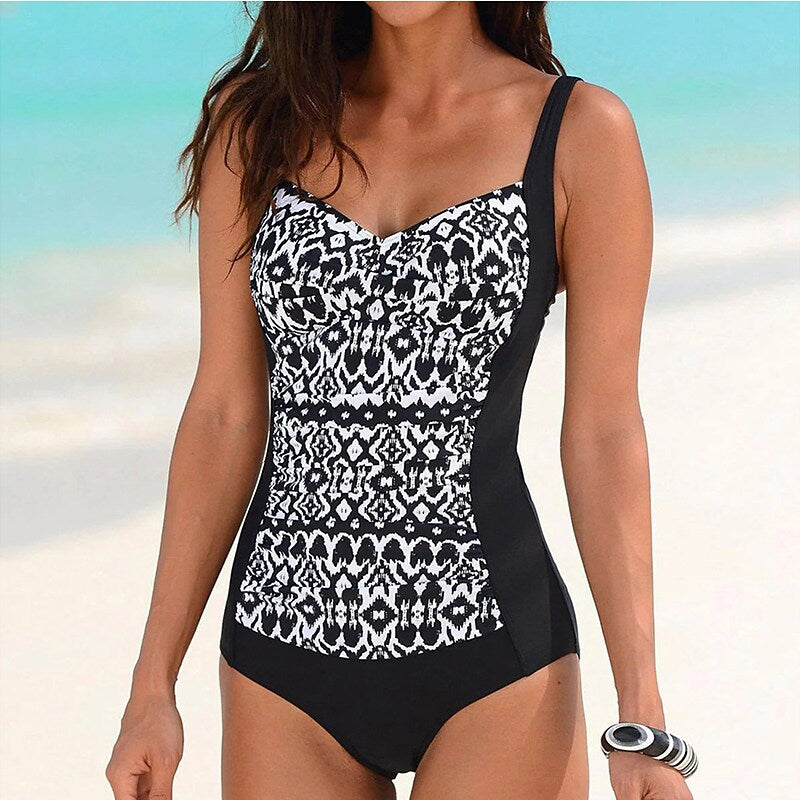 flowersverse Women's Swimwear One Piece Normal Swimsuit Ruched Striped Black White Red Blue Brown Bodysuit Bathing Suits Sports Beach Wear Summer