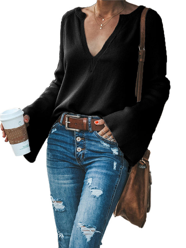 flowersverse Casual Long Sleeves Loose Solid Color V-Neck Sweater Tops