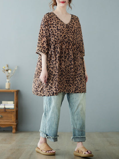 flowersverse Leopard Half Sleeves Loose V-neck T-Shirts Tops Blouses&shirts Tops