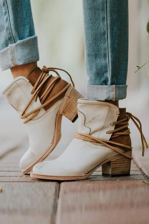 flowersverse Lace Up Chunky Heels Ankle Boots