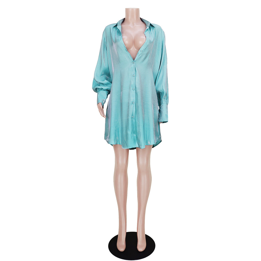 flowersverse Women's Solid Color Glitter Comfort Loose Long Shirt Dress