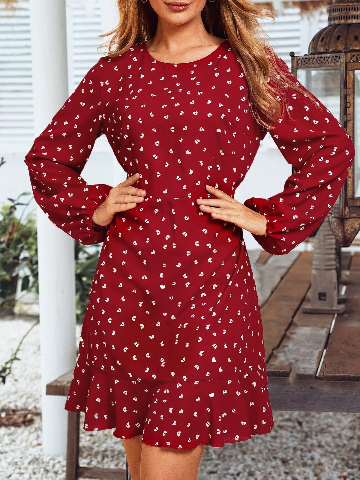 flowersverse Red Long Sleeve Chiffon Weaving Dress