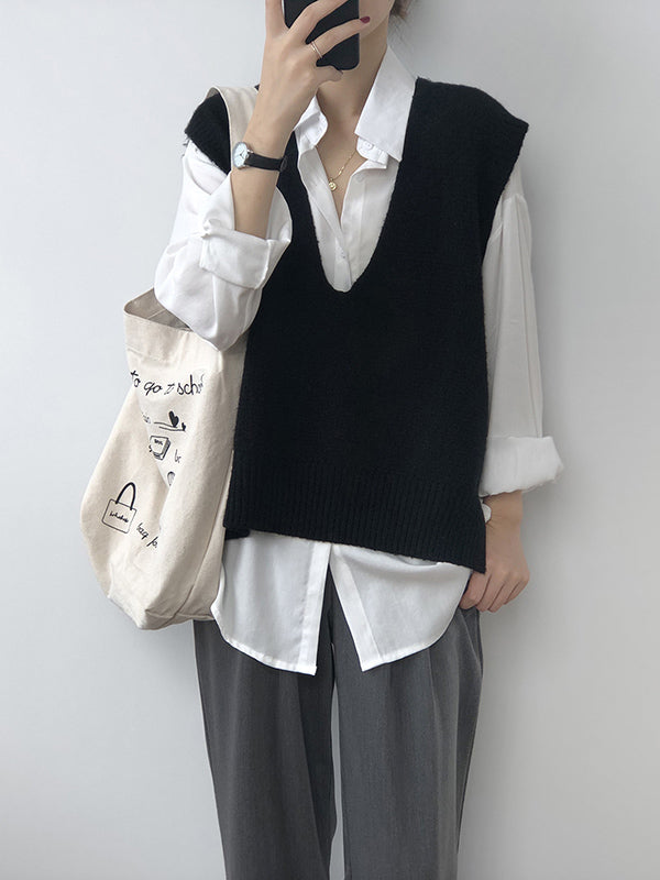 flowersverse Knitting Irregularity Solid V-Neck Vest