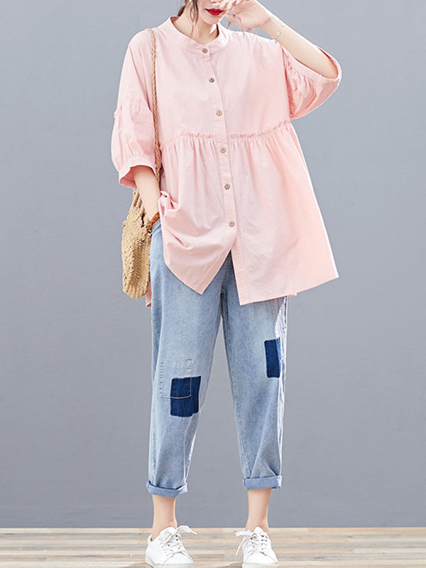 flowersverse Artistic Retro Loose Half Sleeves Pleated Falbala Split-Joint Solid Color Blouses