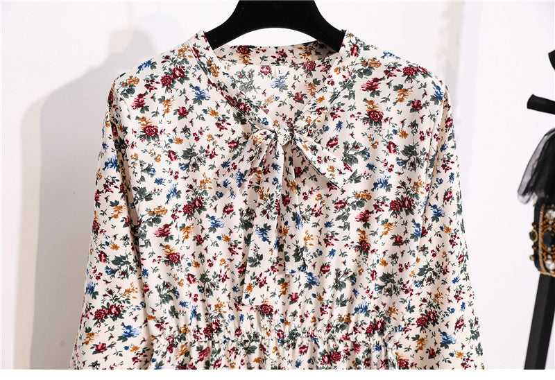 flowersverse Autumn Winter Ladies Chiffon High Elastic Waist Women Bow Aline Full Sleeve Flower Print Floral Party Dress Female Vestido