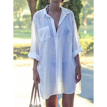 flowersverse Women's Cover Up Beach Dress Beach Wear Mini Dress Button Pocket Basic Casual Plain Stand Collar Long Sleeve Loose Fit Outdoor Daily Black White  Fall Spring One Size