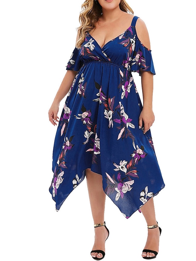 flowersverse Women's Plus Size Casual Dress Swing Dress Floral Dress Floral Midi Dress Short Sleeve Asymmetric Print V Neck Fashion Holiday Wine Navy Blue Spring Summer XL XXL 3XL 4XL 5XL