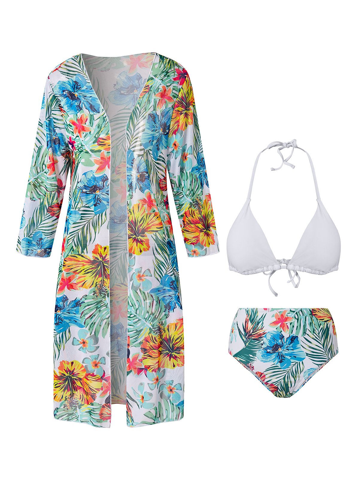 flowersverse Elegant Floral Printing Halter Bikinis set Three-Piece Set