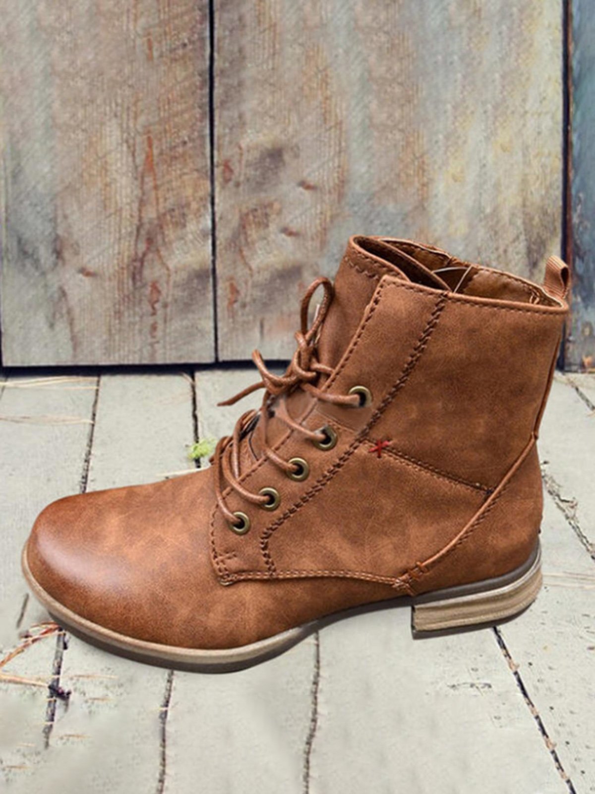 flowersverse Red Stitched Brown Leather Vintage Casual Boots