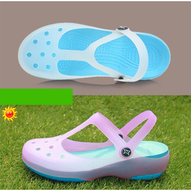 flowersverse Summer Women Sandals Jelly Flat Shoes Waterproof Female Ankle Buckle Slippers Soft Light Slides Comfortable Beach Shoes