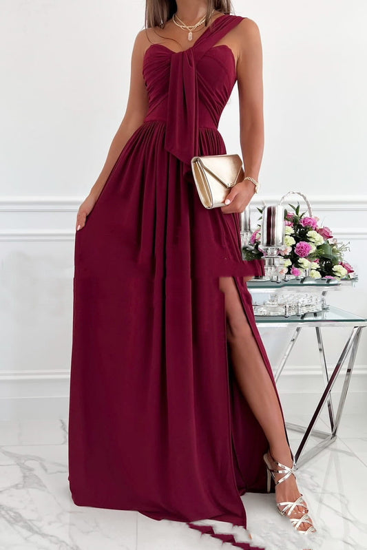 flowersverse Solid Color Sleeveless Pleated Chiffon Long Dress Slim Fit