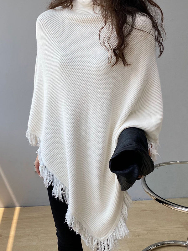 flowersverse Casual Loose Tasseled Solid Color High-Neck Sweater Tops