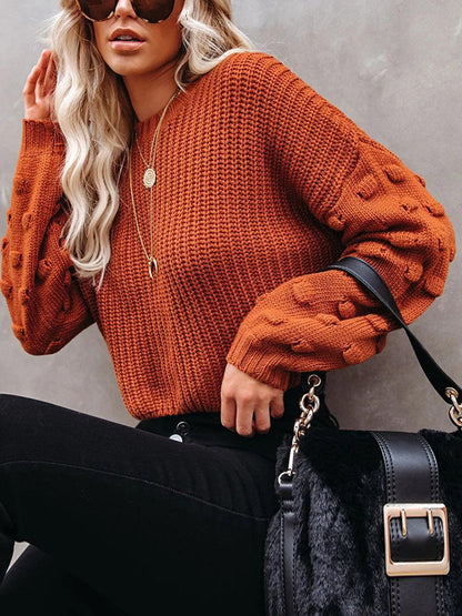 flowersverse Hollow Solid Color Long Sleeves Loose Round-Neck Sweater Tops Pullovers Knitwear