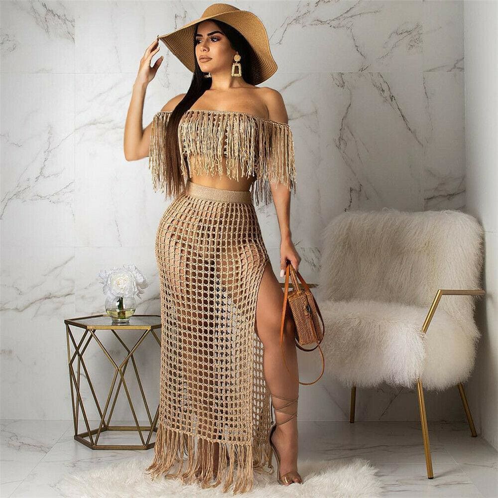 flowersverse 2pcs Women Cover up Hollow Out Perspective Tassel Boat Neck High Slit Solid Casual Summer Beach Long Dress