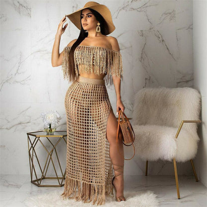 flowersverse 2pcs Women Cover up Hollow Out Perspective Tassel Boat Neck High Slit Solid Casual Summer Beach Long Dress