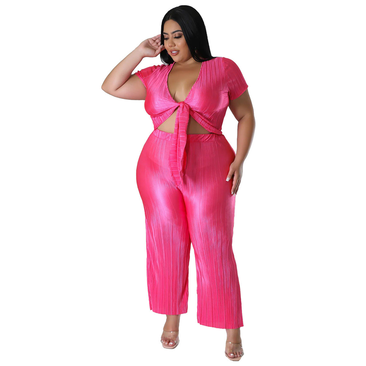 flowersverse Plus Size Women Stretch Lace-Up Top and Pleated Wide-Leg Pants Two-Piece Set