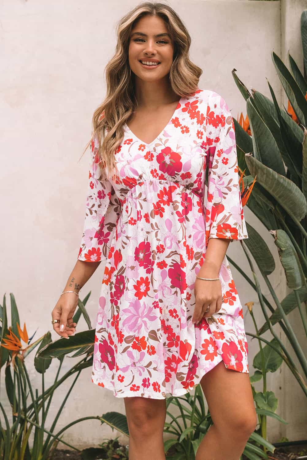 flowersverse Orange V Neck 3/4 Sleeve Floral Dress