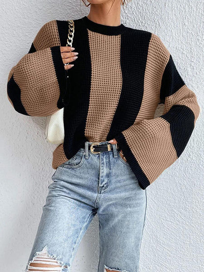 flowersverse Contrast Color Striped Flared Sleeves Round-Neck Sweater Tops Pullovers