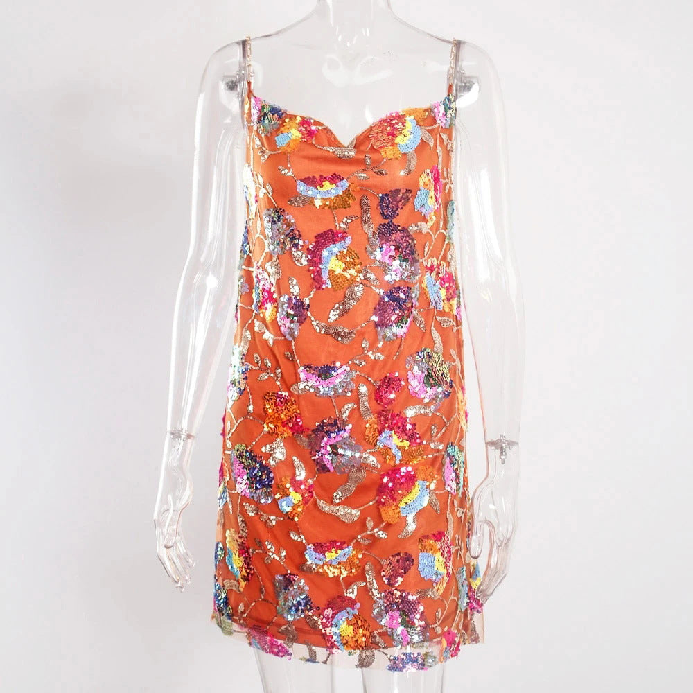 flowersverse One-line Neck Backless Sequin Floral Chain Women's Short Dress