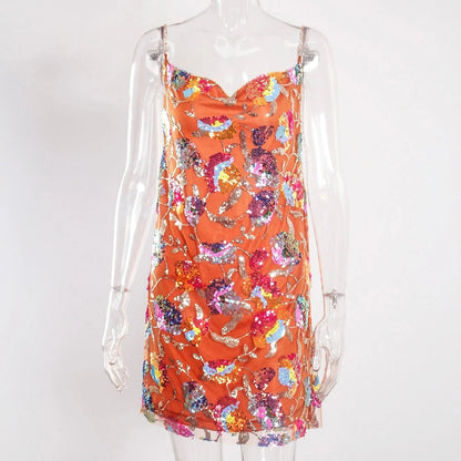 flowersverse One-line Neck Backless Sequin Floral Chain Women's Short Dress