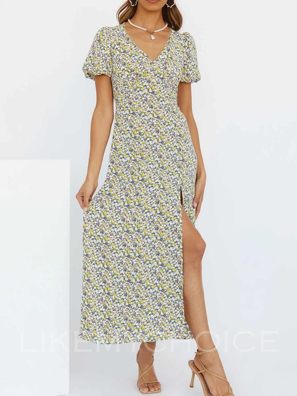 flowersverse Short Sleeve Casual Beach Printed Midi V-neck Dresses