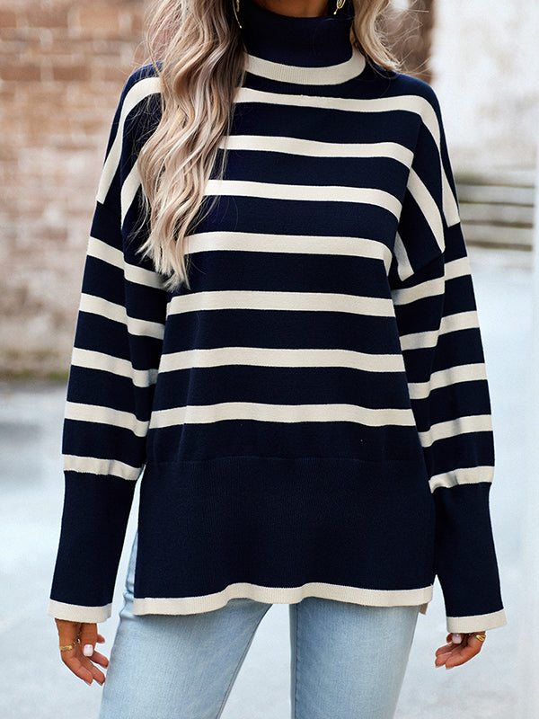 flowersverse Contrast Color Split-Side Striped Long Sleeves Loose High Neck Sweater Tops Pullovers