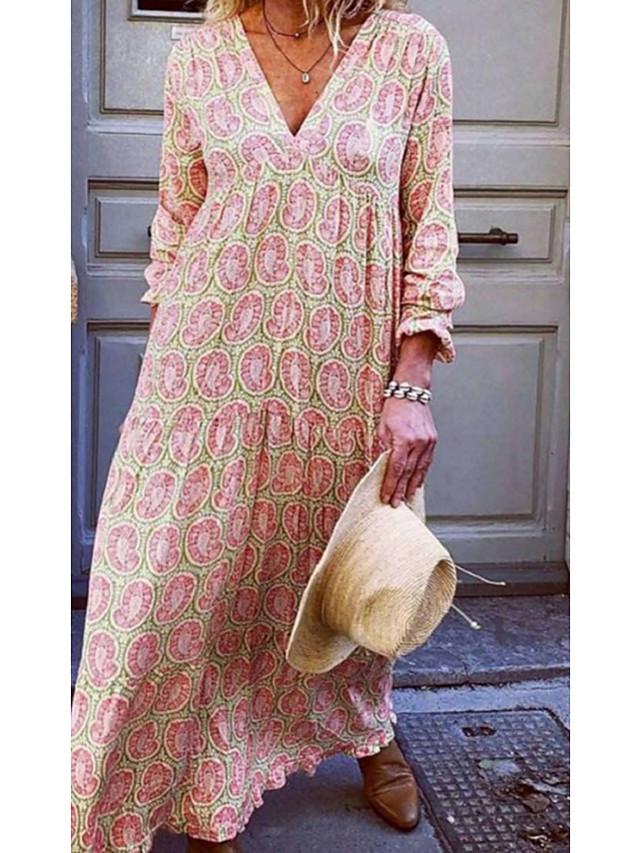 flowersverse Women's A-Line Dress Maxi Long Dress - Long Sleeve Print Patchwork Print Fall Winter Casual Blue Yellow Blushing Pink