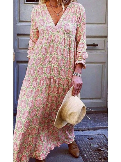 flowersverse Women's A-Line Dress Maxi Long Dress - Long Sleeve Print Patchwork Print Fall Winter Casual Blue Yellow Blushing Pink