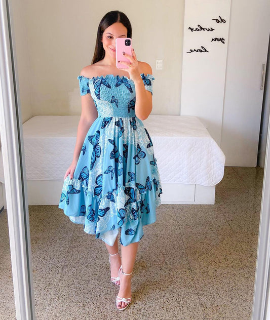 flowersverse Off Shoulder Floral Ruffle Short Sleeve Midi Dress