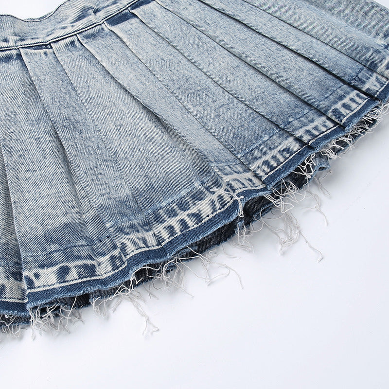 flowersverse Women High Waist Pleated Denim Skirt